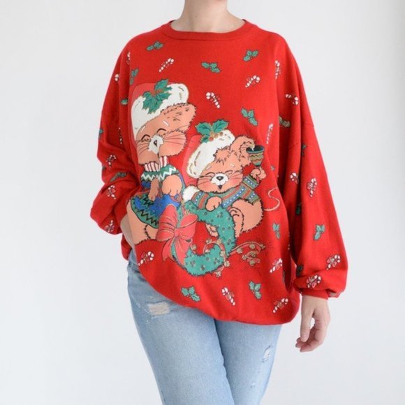 Vintage Ugly Christmas Nutcracker Red Holiday Puff Paint Cat Sweater - Picture 1 of 10